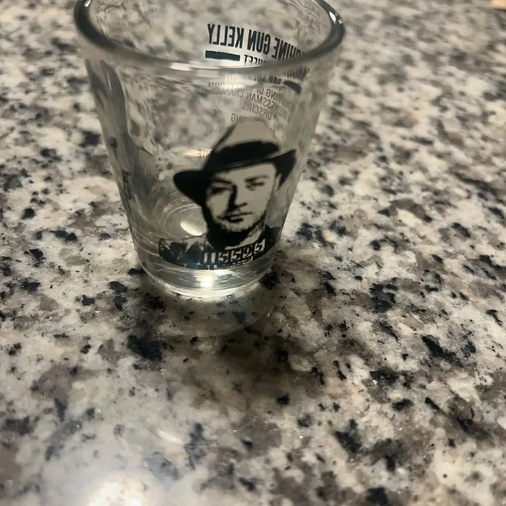Machine Gun Kelly vintage rap sheet.  Black and Clear Shot Glass. Gangsters.